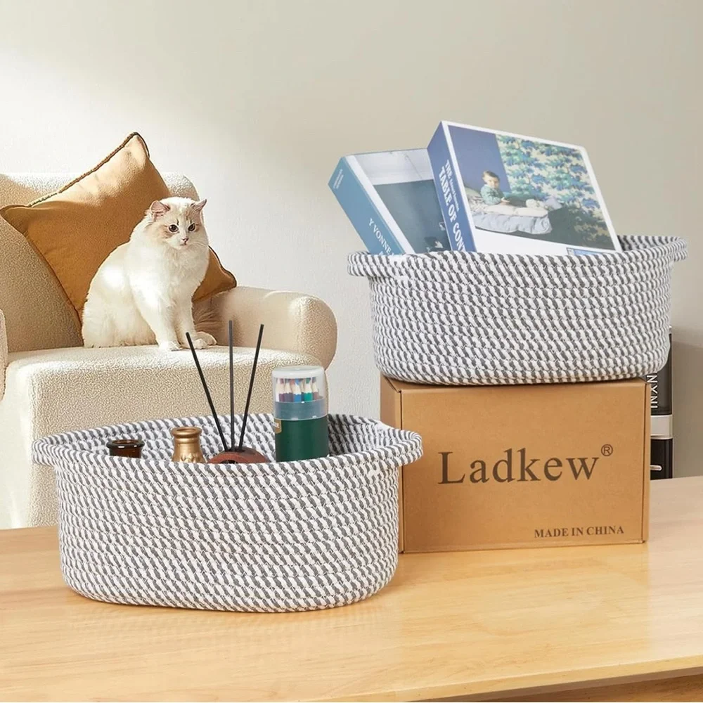 Cotton Woven Rope Storage Baskets Set of 2 NEW